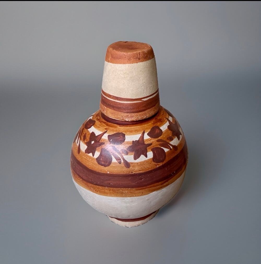 Vintage Mexican Folk Art Pottery Decanter Jug w Cup Stopper Handmade 10”